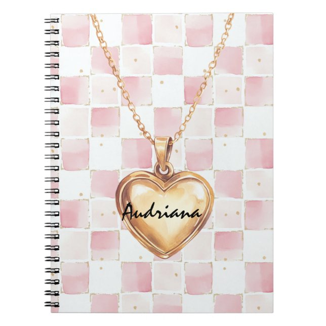 Carnet Gold Heart Necklace Pink White Squares (Devant)