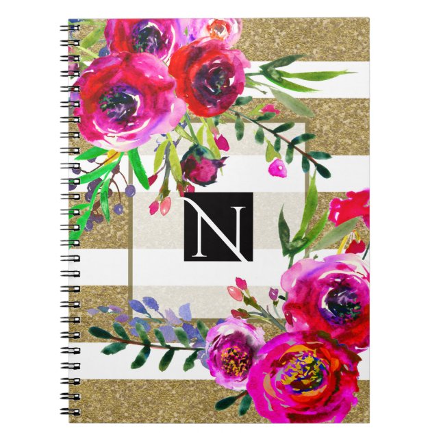 Carnet Gold White Stripes Gras Glam Floral Botanique (Devant)