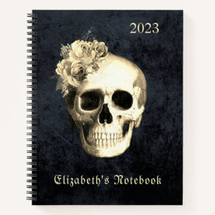 Carnet Gothique Crâne crâne Roses blanches Personnalisé