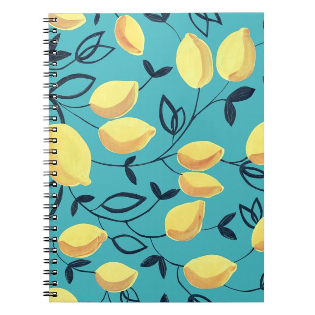 Carnet Gouache de citron jaune motif sur turquoise. (Devant)