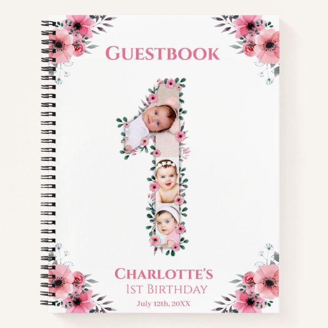Carnet Grand 1er anniversaire fille photo rose Flower liv (Devant)
