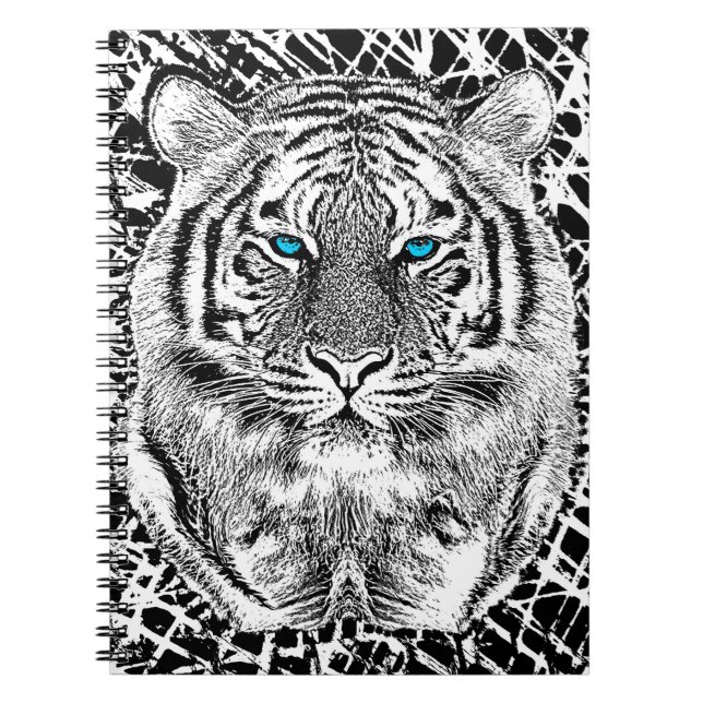 Carnet Graphique de tigre noir et blanc aux yeux bleus (Devant)
