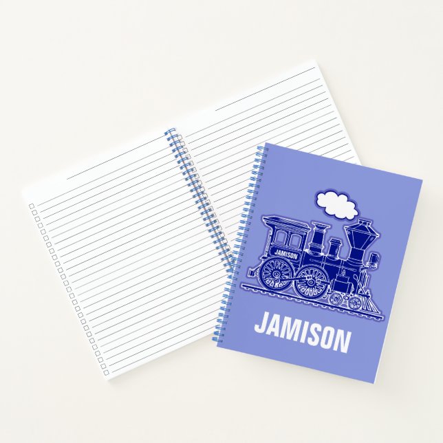 Carnet Graphique de train à vapeur en bleu avec nom perso (Intérieur)