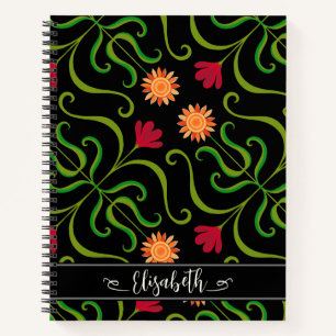 Carnet Gras Floral Damask Sunflower Boho Black Folk Art
