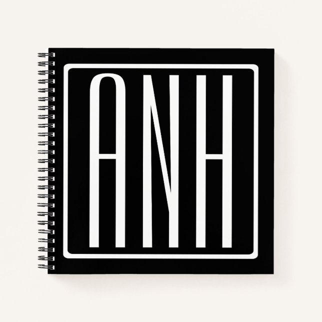 Carnet Gras moderne 3 initiales Monogramme | Blanc sur no (Devant)