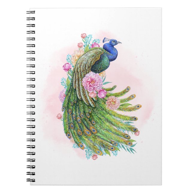 Carnet Green Watercolor Peacock Beauty – Artistic Spiral  (Devant)
