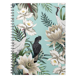 Carnet Grue vintage tropicale, perroquet, lotus flowe