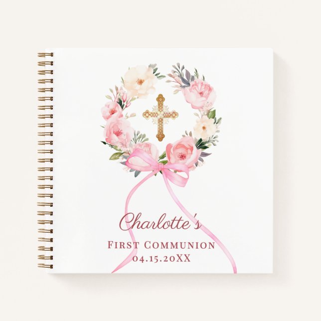 Carnet Guest book First Communion floral wreath pink bow (Devant)