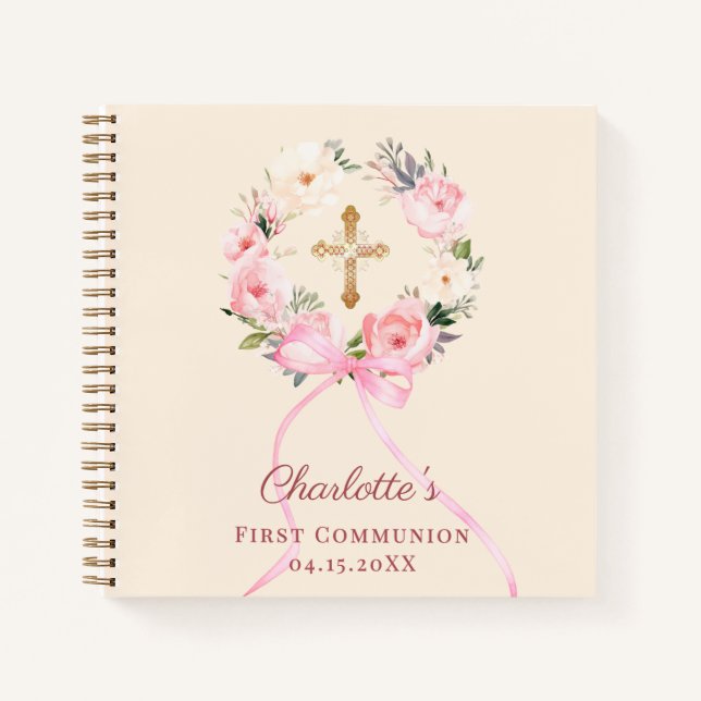 Carnet Guest book First Communion ivory blush bow floral (Devant)