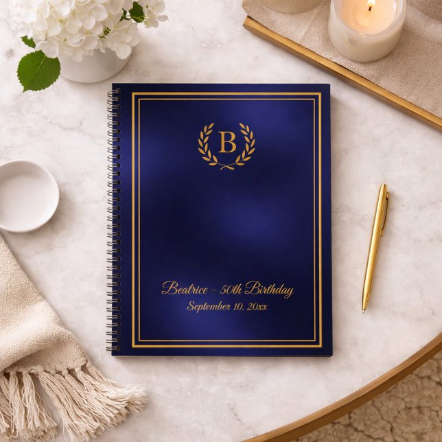 Carnet Guest Book navy blue gold Monogram wreath Birthday (Créateur téléchargé)