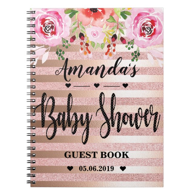 Carnet Guestbook rose floral I de baby shower d'or (Devant)