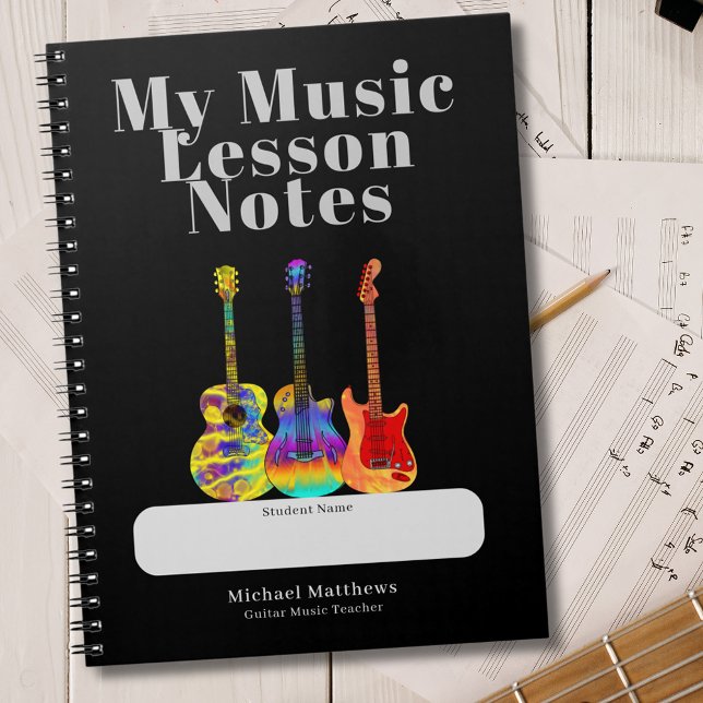 Carnet Guitare Enseignant Musique Cours Étudiant Personna (Guitar teacher custom student notebook for music lesson notes Colorful psychedelic guitar artwork)