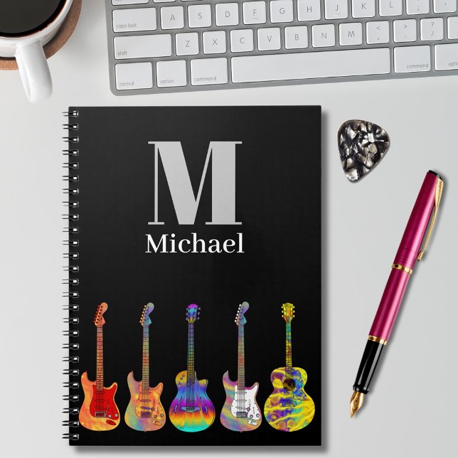 Carnet Guitares colorées Monogramme (Colorful guitars on black custom monogram notebook for guitarists music guitar teachers musicians )