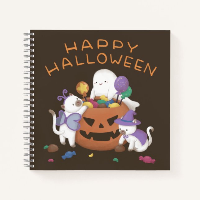 Carnet Halloween heureux : Chats et fantômes (Devant)