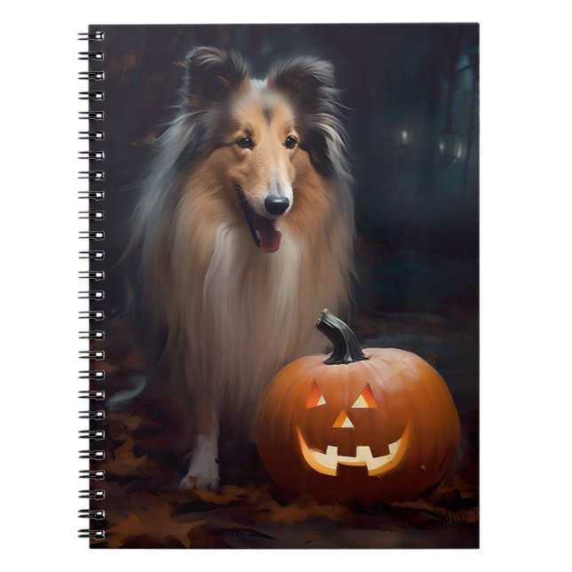Carnet Halloween Rough Collie Avec Citrouille effroi (Devant)