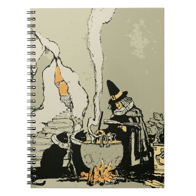 Carnet Halloween vintage, sorcière avec Cauldron et Chats (Devant)