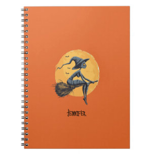 Carnet Halloween Witch Fliyng a Broomstick Orange
