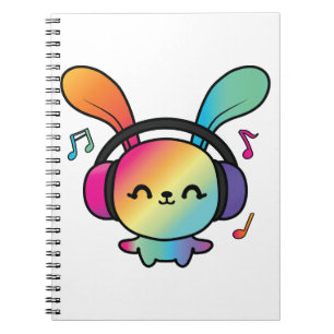 Carnet Happy Bunny avec écouteurs écoutant de la musique.