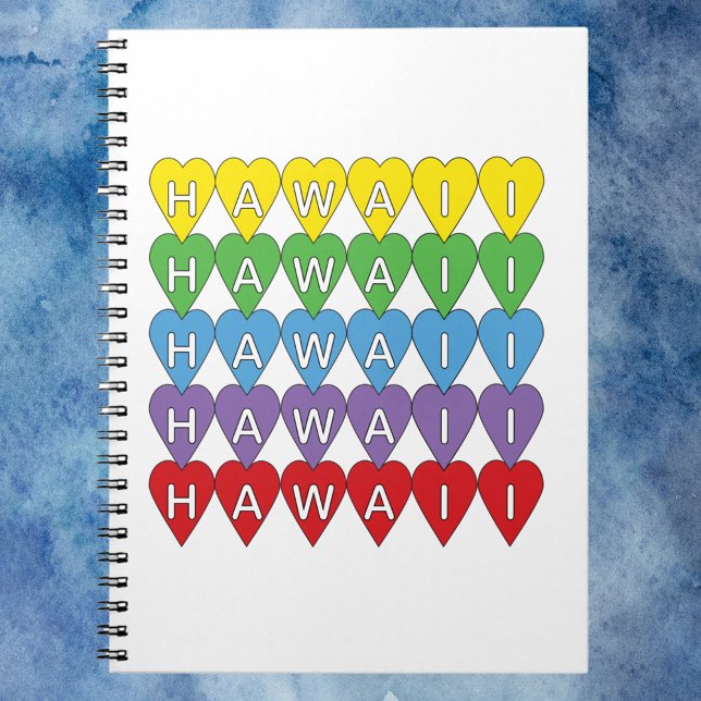 Carnet Hawaii Hearts Rainbow (A notebook that says Hawaii in yellow, green, blue, purple and red hearts.)