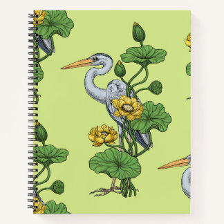 Carnet Héron dans le jardin de lotus jaune sur rosée de m