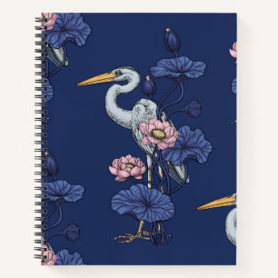 Carnet Héron dans le jardin de lotus rose sur fond bleu d