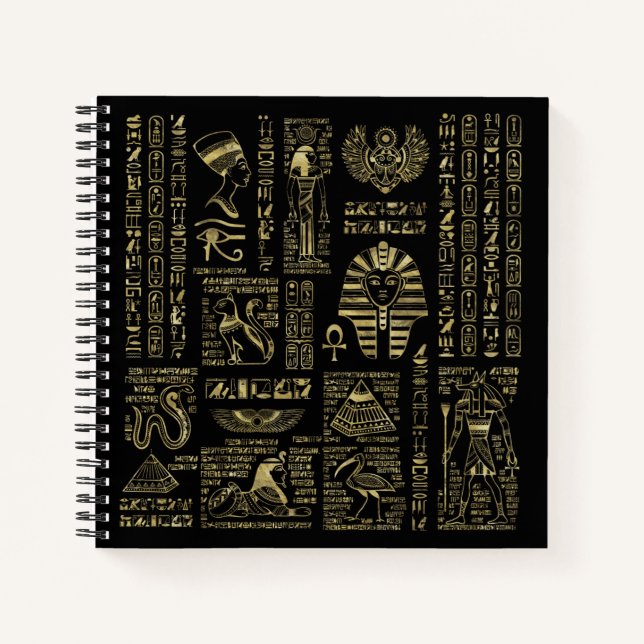 Carnet Hiéroglyphes et divinités égyptiens or sur noir (Devant)