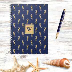 Carnet Hippocampes en élégant marine et initiale monogram