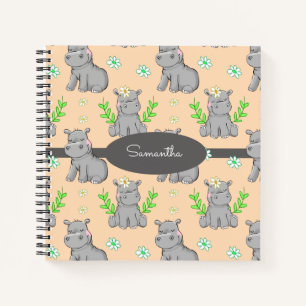 Carnet Hippopotames mignons et fleurs Nom personnalisé d