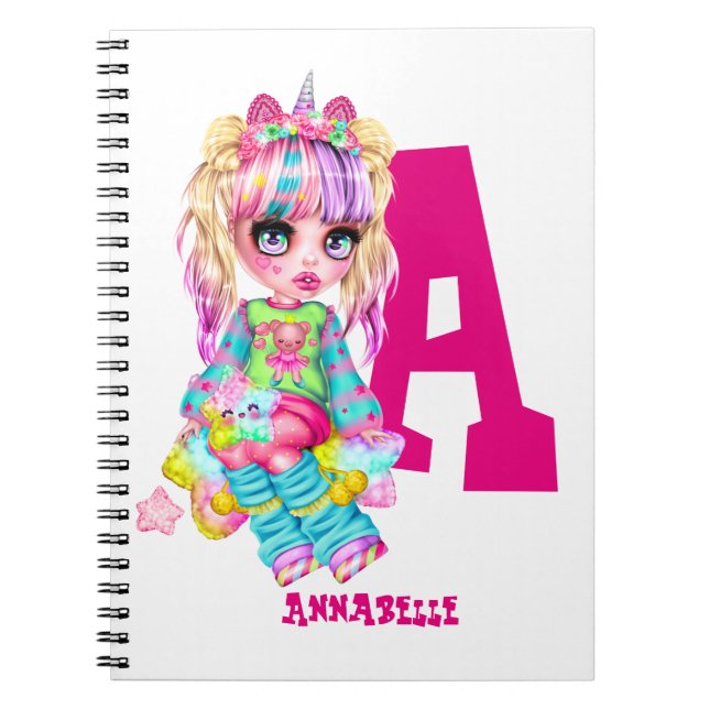 Carnet I Love Unicorns Kawaii Chibi Girl Nommé Cadeau (Devant)