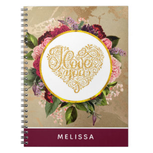 Carnet I Love You Fancy Golden Heart with Floral Frame