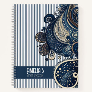 Carnet Idée Boho Retro Paisley Blue Stripes