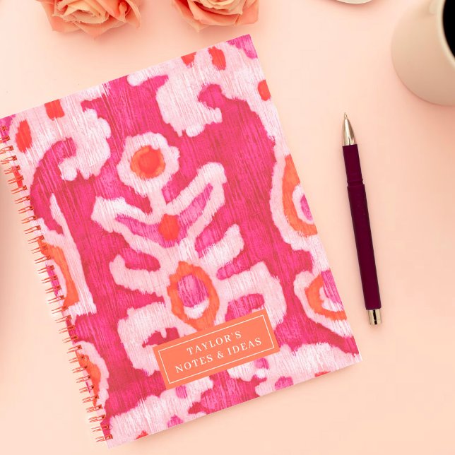 Carnet Ikat tribal rose et orange personnalisé (Créateur téléchargé)