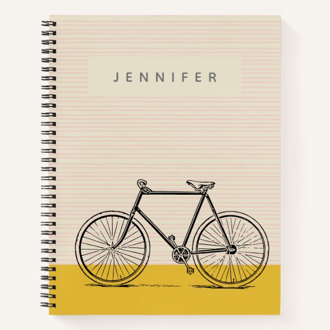Carnet Illustration de vélo élégant Blush et Jaune Nom (Devant)