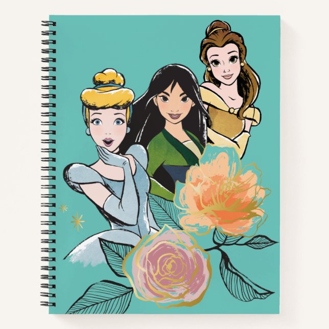 Carnet Illustration florale Cendrillon, Mulan et Belle (Devant)