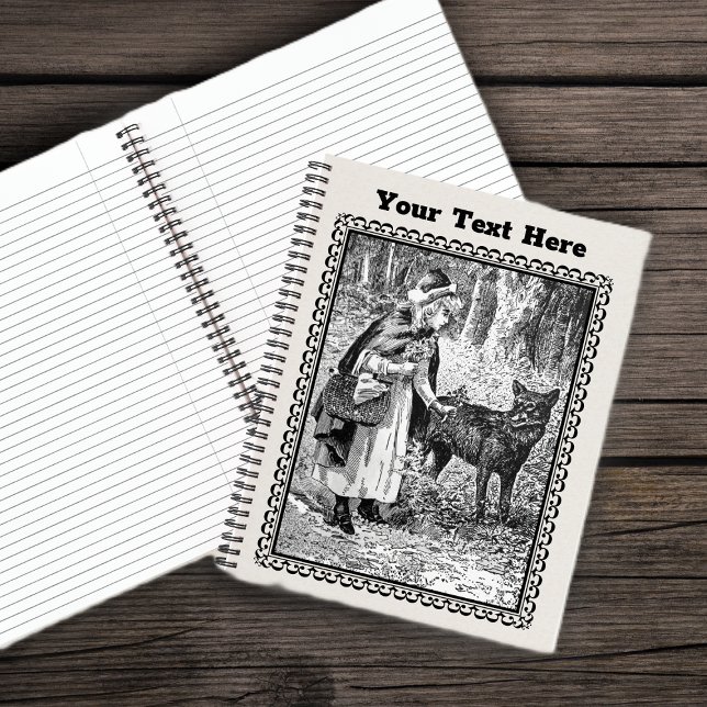 Carnet Illustration noire du Petit Chaperon Rouge panier  (Black Illustration Red Riding hood basket in woods with wolf ornate frame on spiral notebook.)