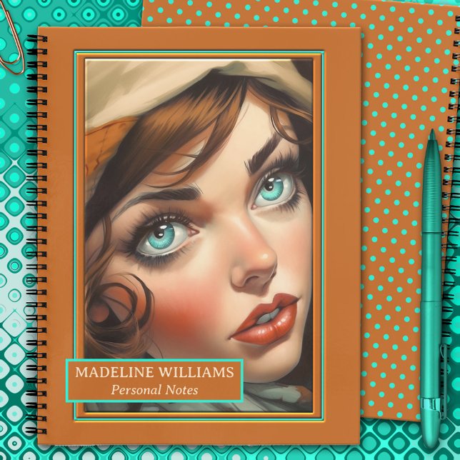 Carnet Illustration Retro Colorful Girly (Notebook featuring a fun girly retro illustration on the front & an orange turquoise polka dot back)