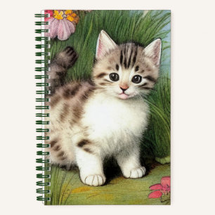 Carnet Illustration vintage de chat avec Fleurs rouges