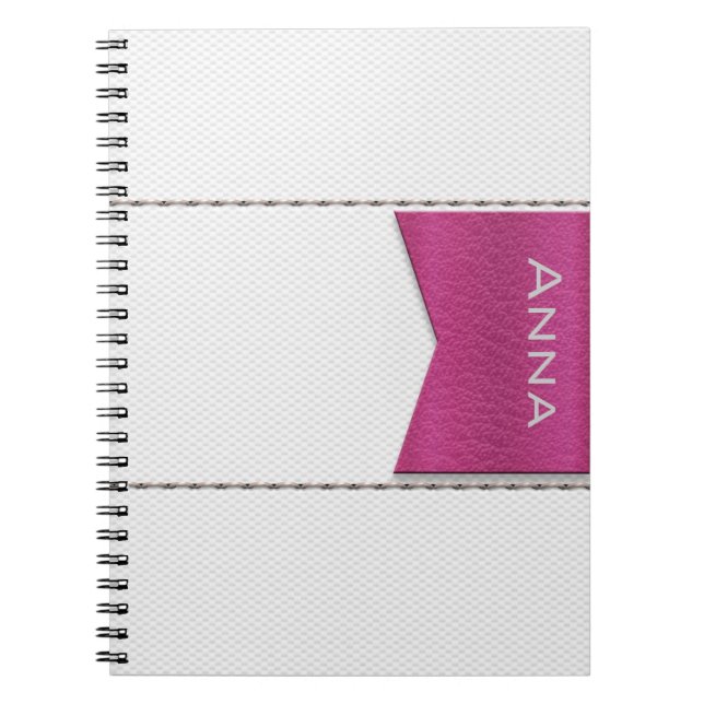Carnet Imitation cuir blanc, veines, label rose (Devant)