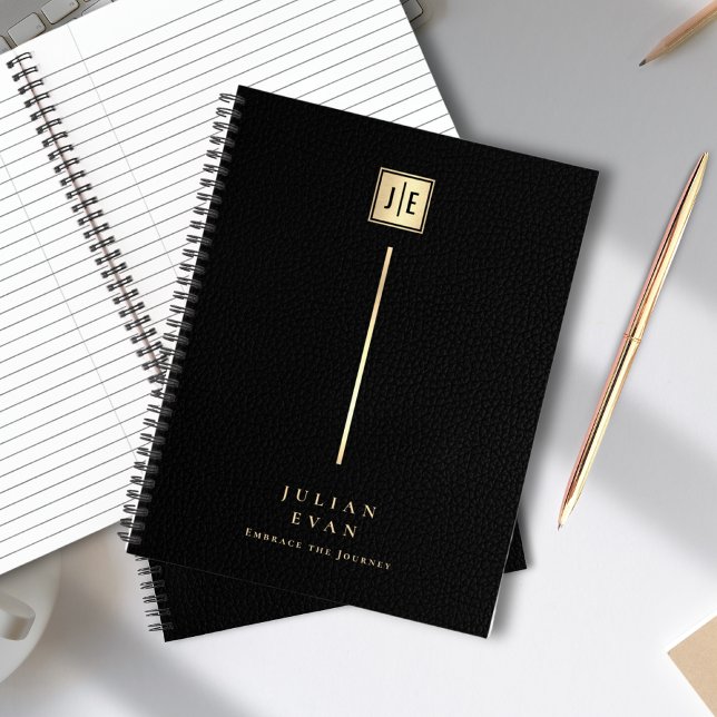 Carnet Impression cuir élégant spirale monogramme noir et (Elegant Leather Print Black & Gold Monogram Spiral Notebook)