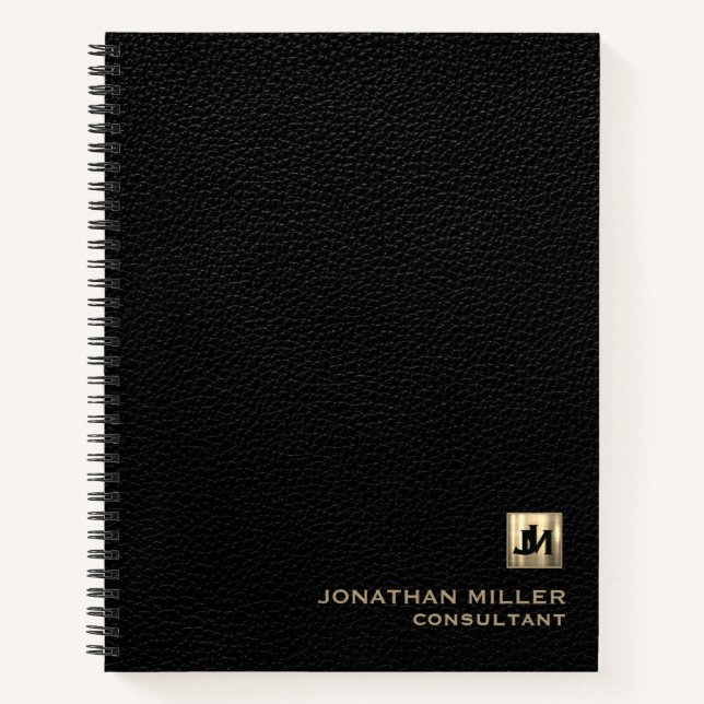Carnet Impression en cuir noir avec Initiales Monogrammes (Devant)