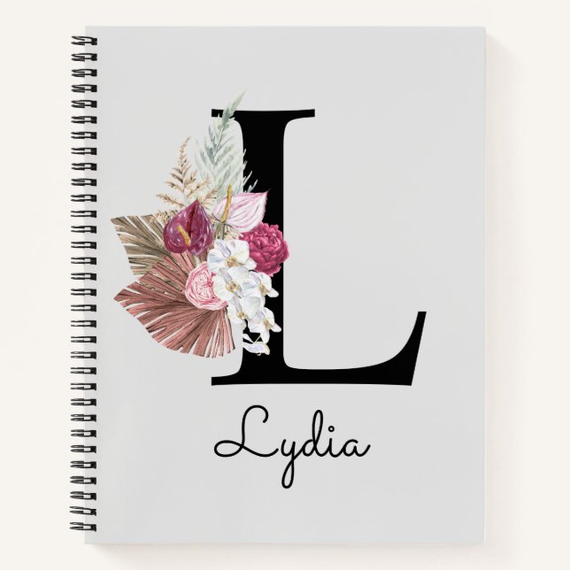 Carnet Initiale L florale rose personnalisée (Devant)