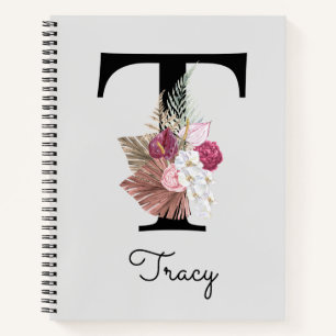 Carnet Initiale T Brodée Rose Bohème Féminin Floral