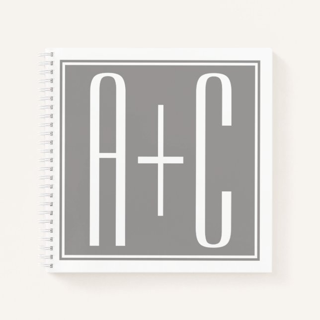 Carnet Initiales de couple modifiables | Blanc et gris (Devant)