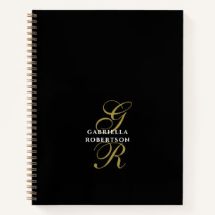 Carnet Initiales dorées Monogramme noir Nom blanc Élégant