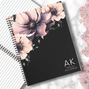 Carnet Initiales florales rose-noir modernes