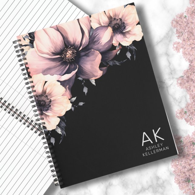 Carnet Initiales florales rose-noir modernes (Chic Modern Black Pink Floral Monogrammed Initials Notebook)