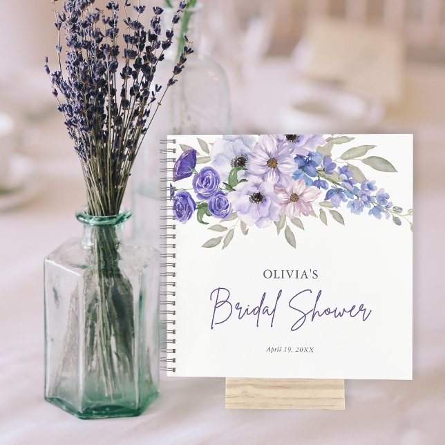 Carnet Invité Chic de Fête des mariées de script de fleur (Chic Purple Flower Script Bridal Shower Guest Notebook)