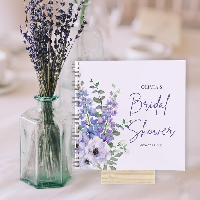 Carnet Invité Chic de Fête des mariées de script de fleur (Chic Purple Flower Script Bridal Shower Guest Notebook)