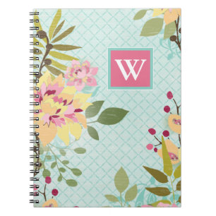 Carnet Jardin floral du monogramme  , arrière - plan ble