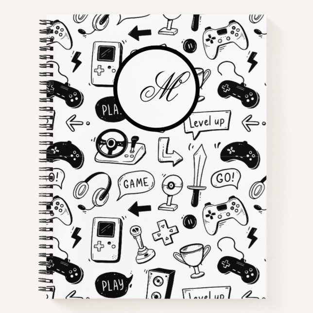 Carnet Jeu vidéo dessiné à la main doodé sans couture mot (Devant)